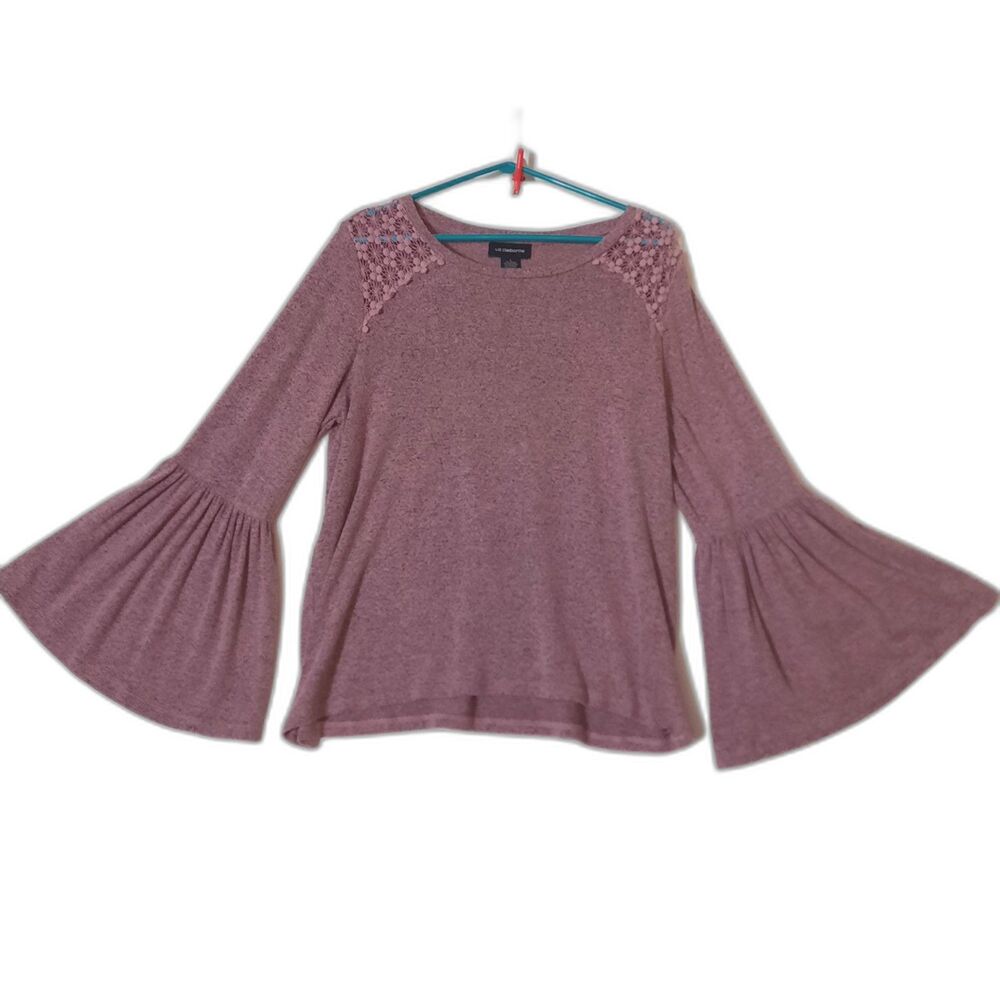 Liz Claiborne Romantic Pink & Gray Bell Sleeve Crochet Lace Shoulder Knit Top, L
